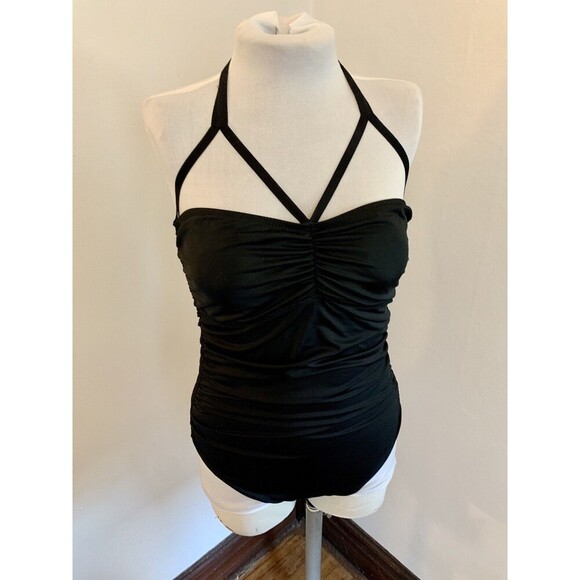 Kamali Kulture Shirred Waist Mio  One Piece Swim Ruched Black Large Halter Cut - Picture 7 of 13